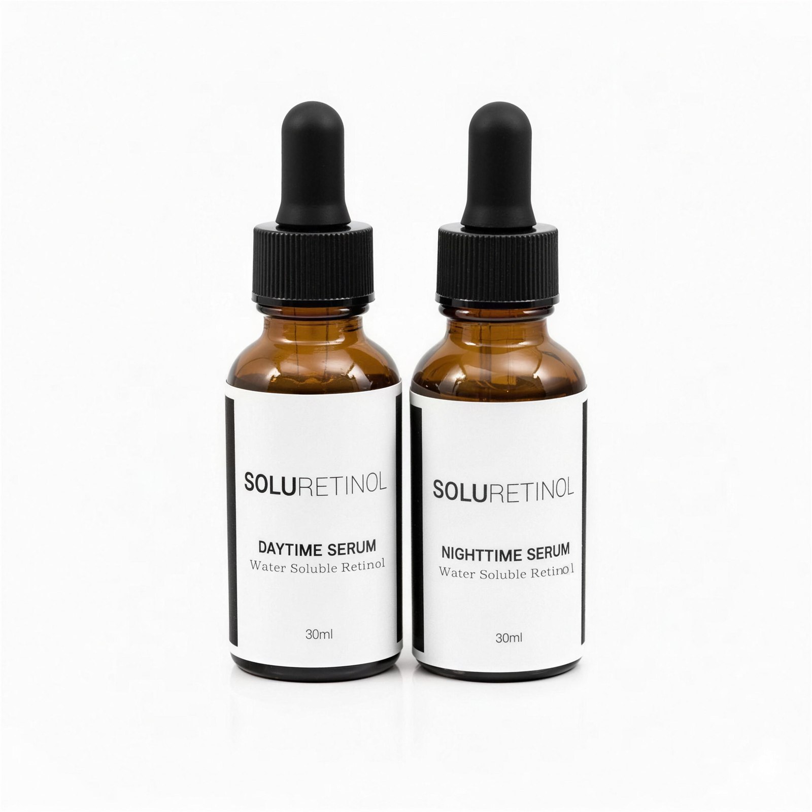 SoluRetinol Daytime Serum and Nighttime Serum — two amber glass dropper bottles
