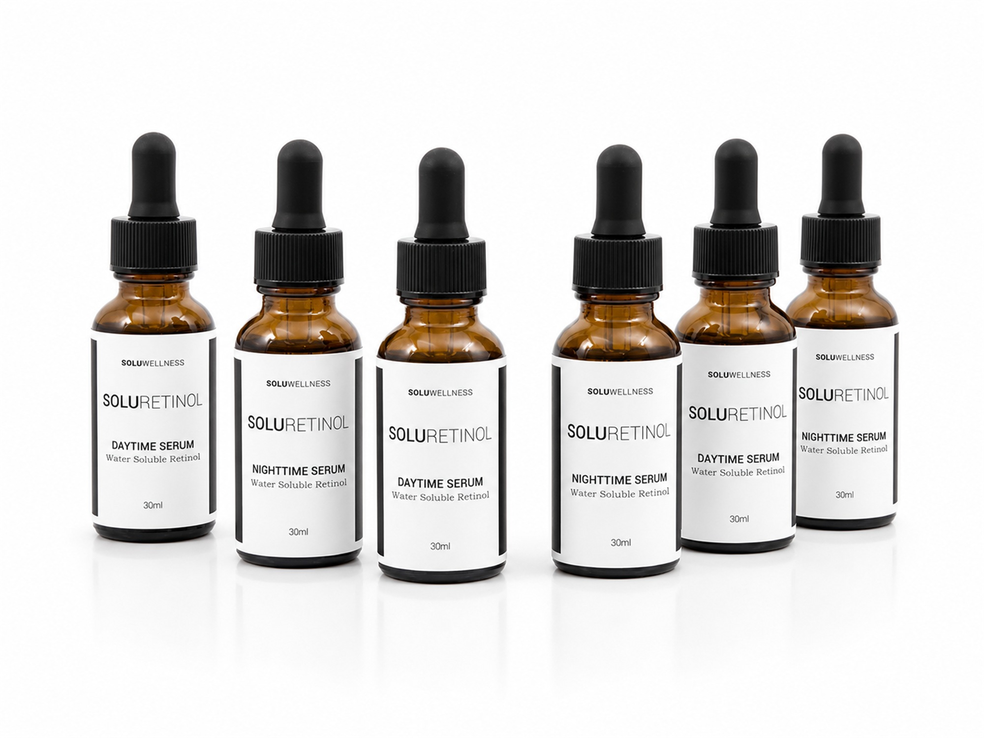 SoluWellness product suite — lineup of amber glass dropper bottles including SoluRetinol Daytime and Nighttime Serums