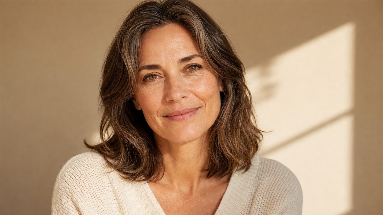 Confident woman in her late 40s with healthy, rested-looking skin in warm morning light