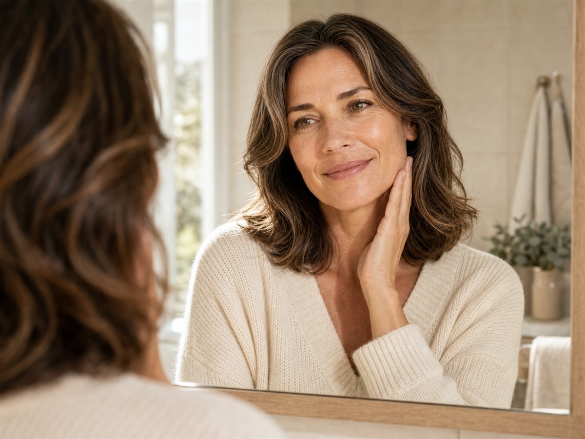 Woman smiling softly at herself in a bright bathroom mirror, hand resting on her jaw